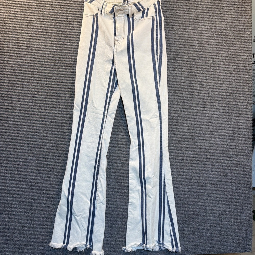Cello Flared Hip Hugger Junior Size 5 Raw Hem White Blue Striped High Rise Retro